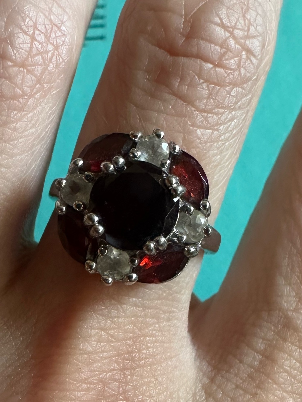 Vintage Sterling Faux Ruby And Diamond Crown Ring Size 6